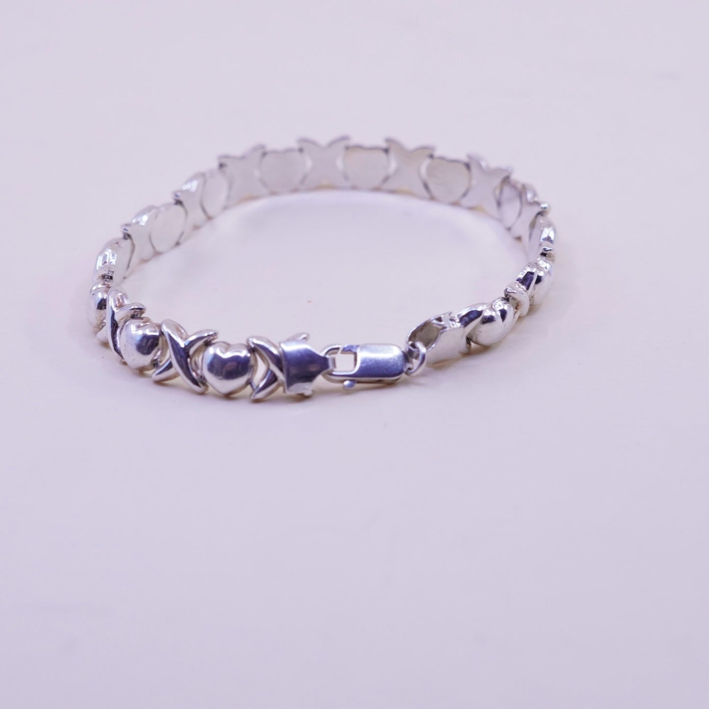 8”, Vintage sterling silver tennis bracelet, 925 heart XOXO link chain