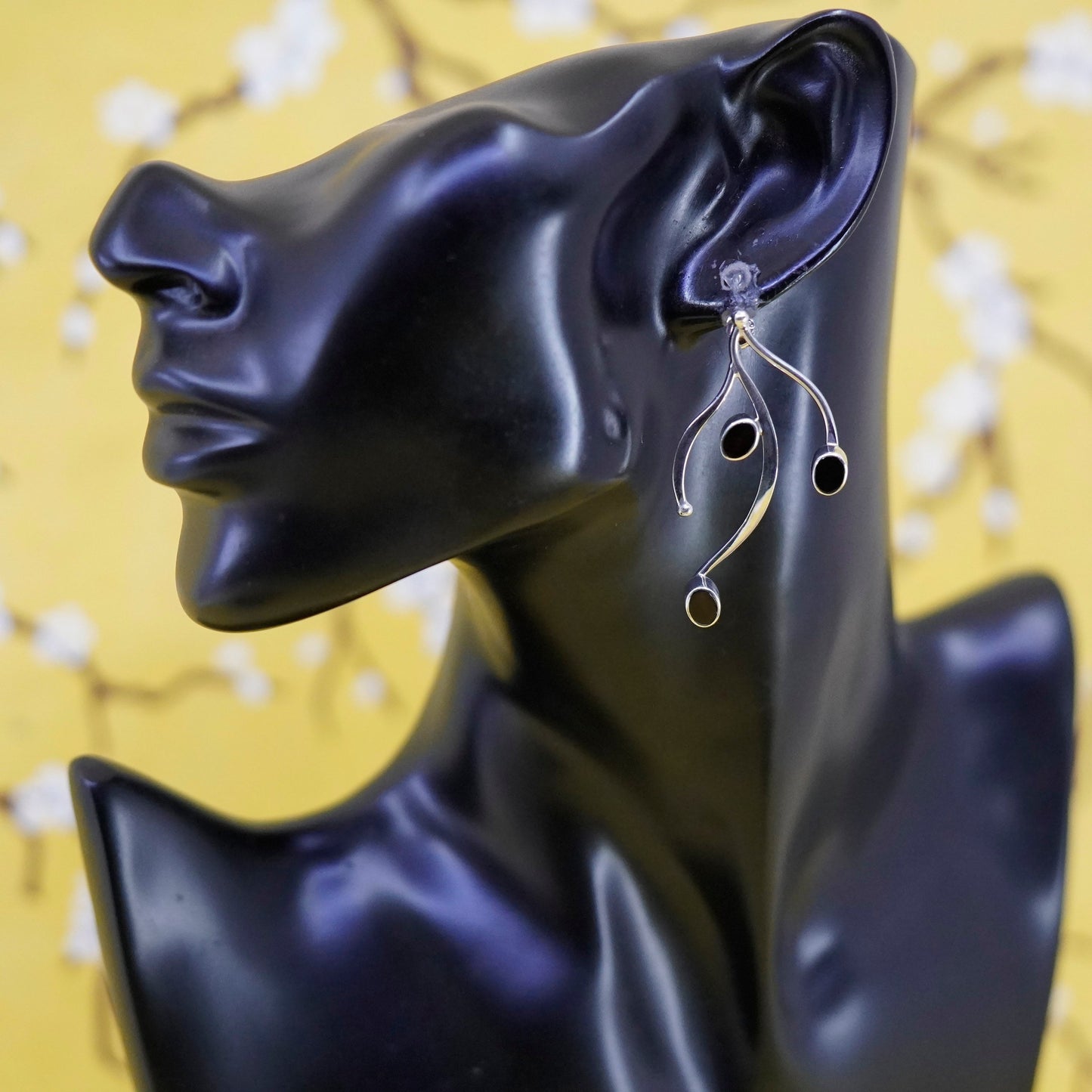 Vintage sterling silver handmade earrings, 925 wavy studs with obsidian