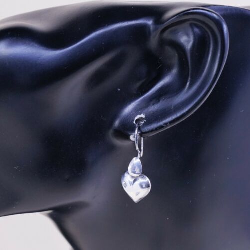 vtg sterling silver heart shaped drop earrings, puffy lightweight heart