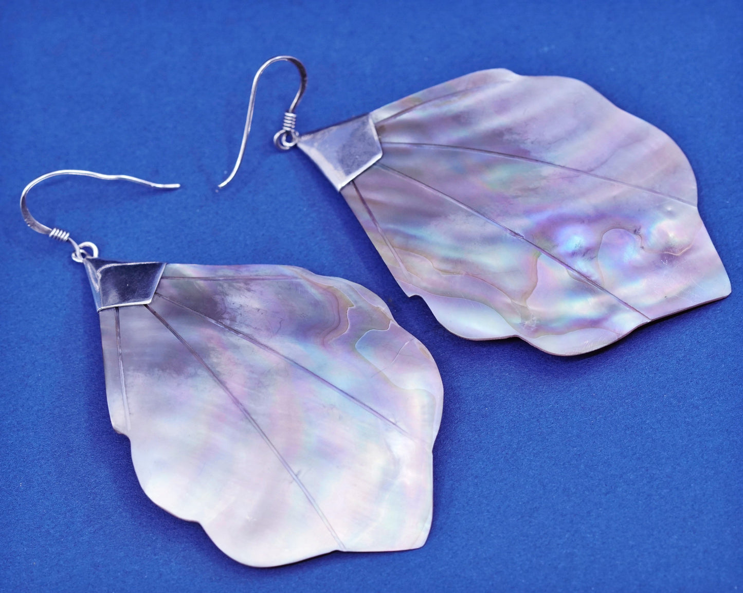 Vintage sterling 925 silver handmade earrings with feather abalone dangles