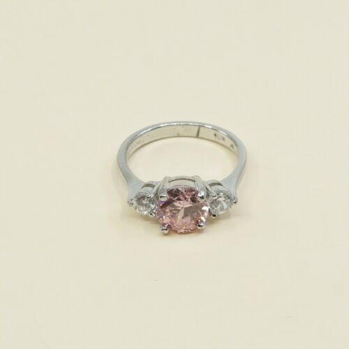 Sz 7.25, Gold Over Sterling Ring, 925 Silver Engagement Ring W/ Pink Crystal