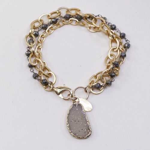 7” Gold Tone Multi Strands bracelet, Oval Chain W/ Hematite Beads N Druzy Charm