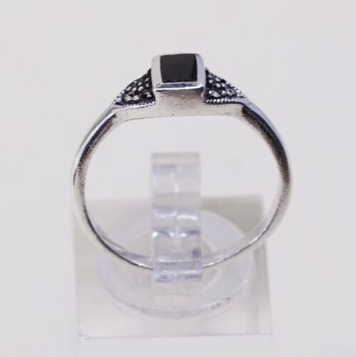 Sz 7.75, Vtg Sterling Silver Handmade Ring, 925 Silver Band W obsidian inlay