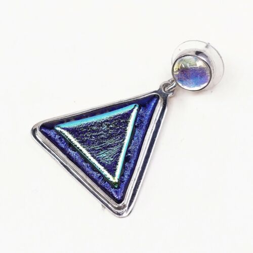 Vtg Modern handmade Sterling 925 Silver Earrings Triangular Green Foiled Glass
