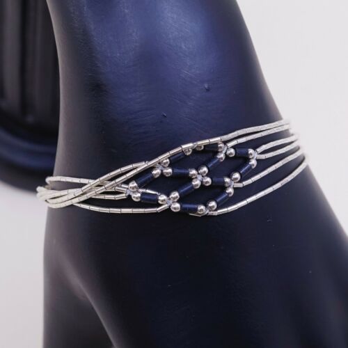 7”, Vtg Sterling Silver Handmade Bracelet, 925 Liquid Bracelet W/ Obsidian