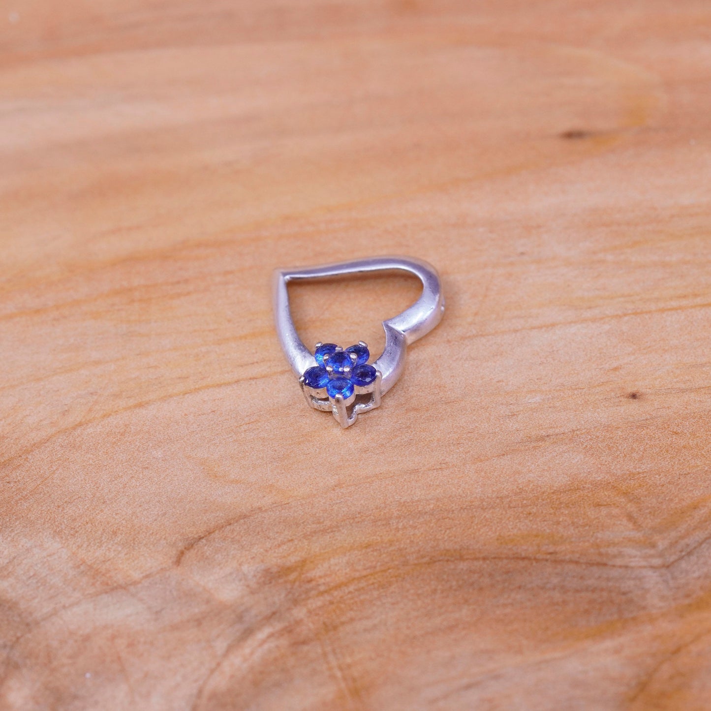 Vintage sterling silver pendant, 925 heart with sapphire and diamonds