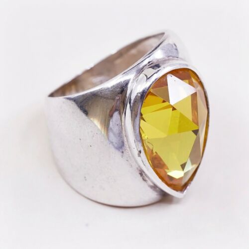 Sz 6.5, Vtg Sterling Silver handmade Ring, 925 Cocktail Ring W/ Teardrop citrine