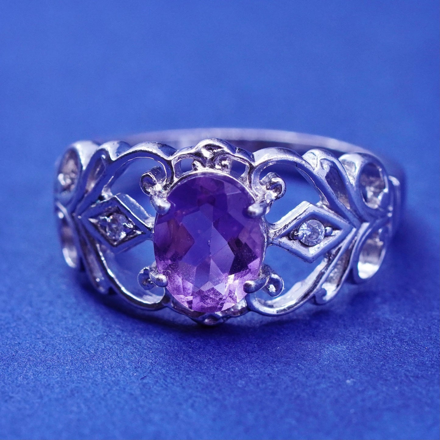 Size 6, Vintage Sterling silver handmade ring, 925 filigree band w/ amethyst Cz