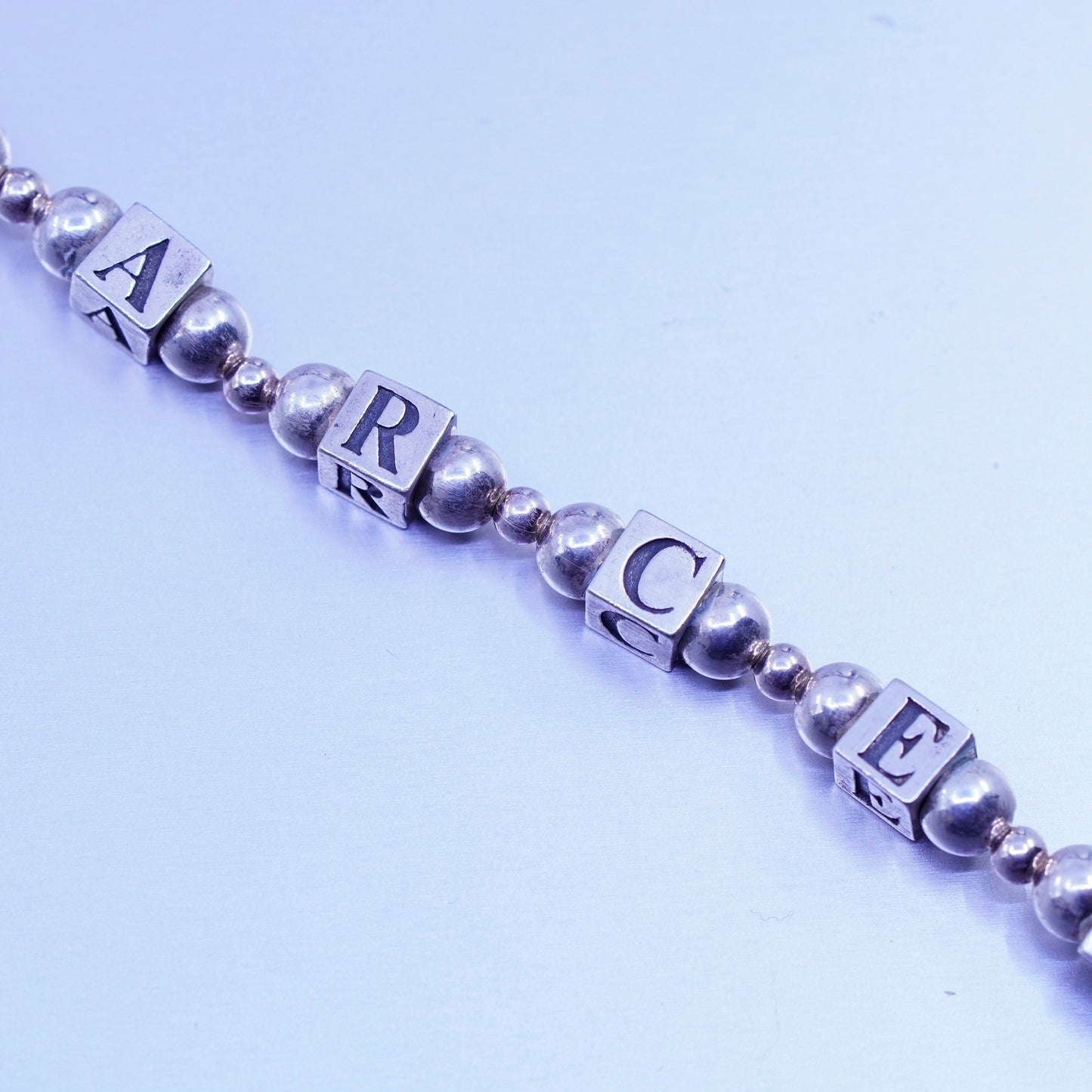 7”, vintage Sterling 925 silver bracelet with cube letter beads “Marcey”