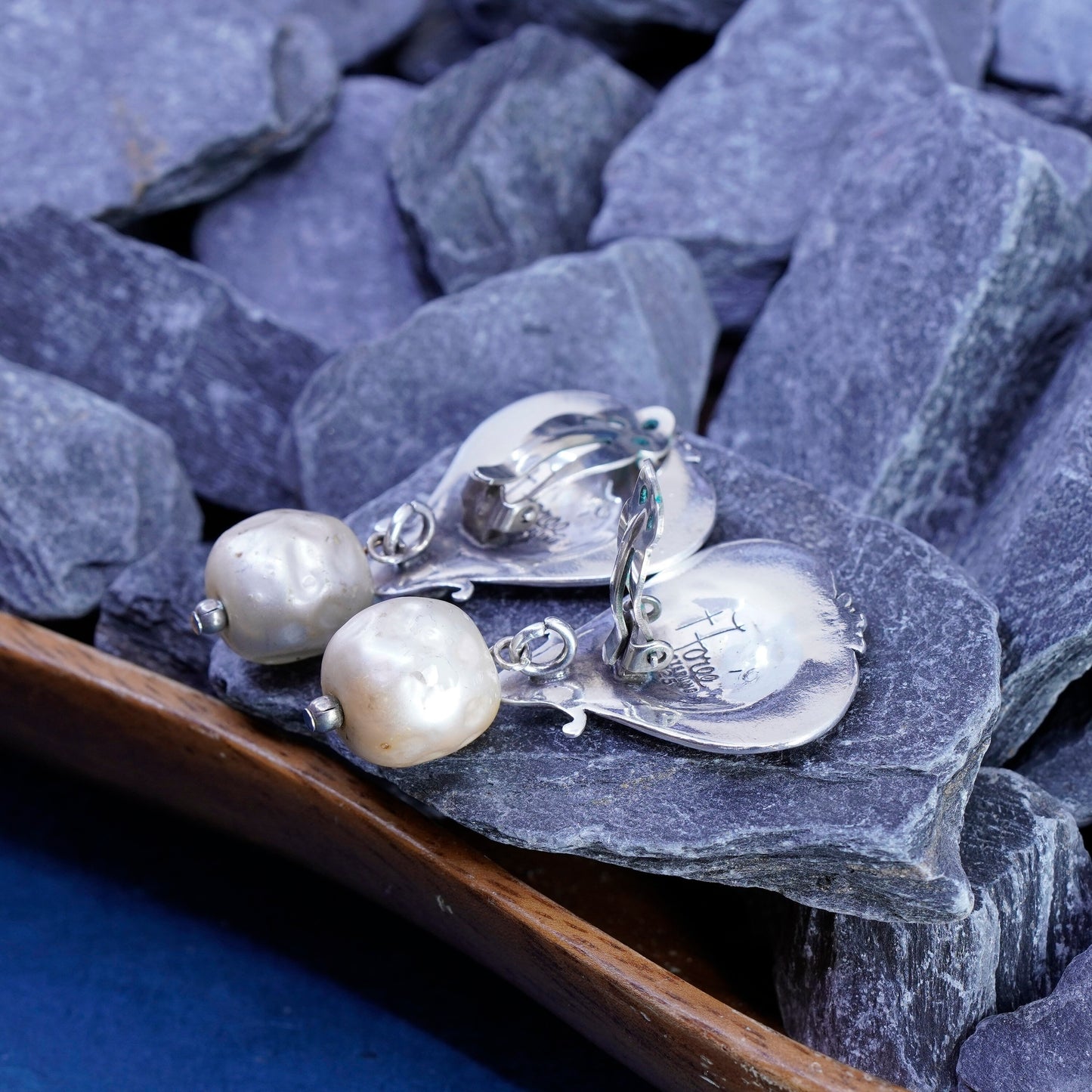 Antique T Foree sterling silver earrings, 925 clip on textured heart pearl