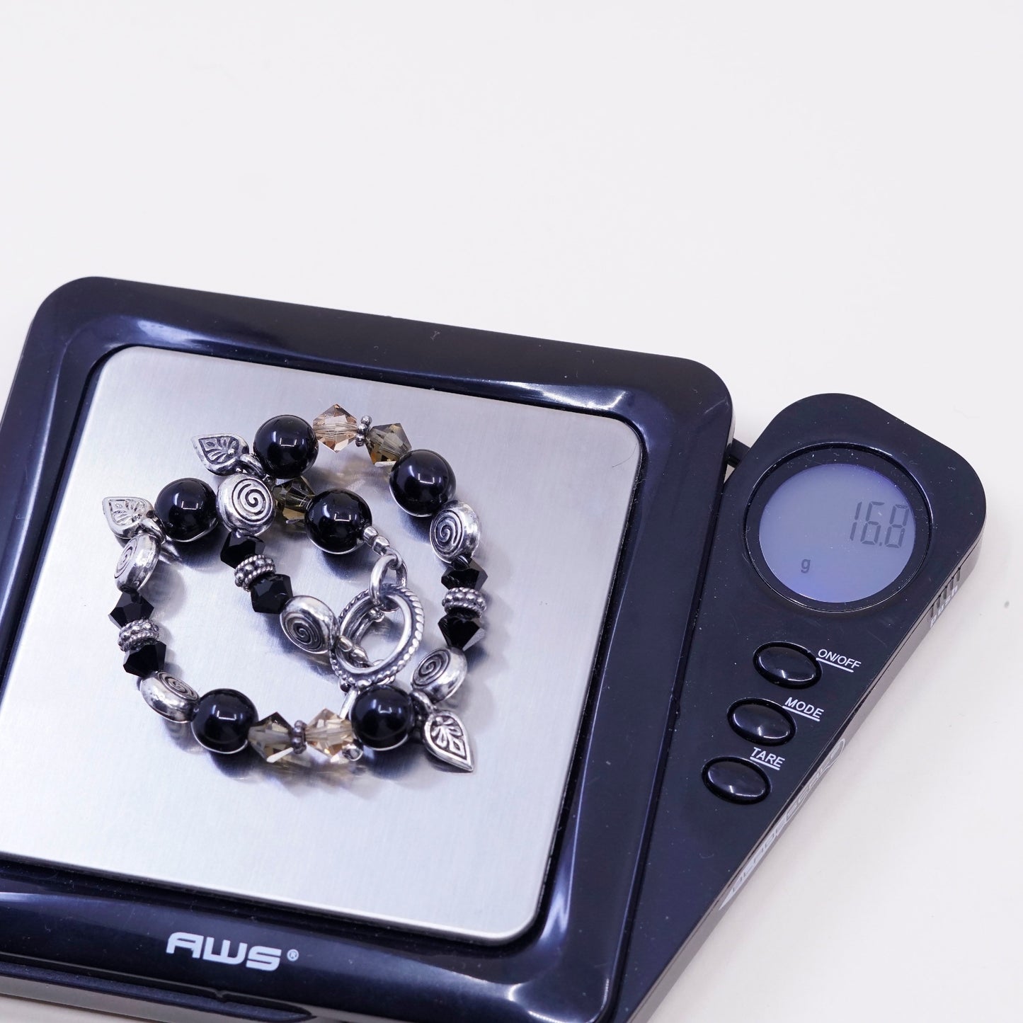 7”, Vintage Sterling silver bracelet, Mexico 925 beads w/ obsidian beads leaves