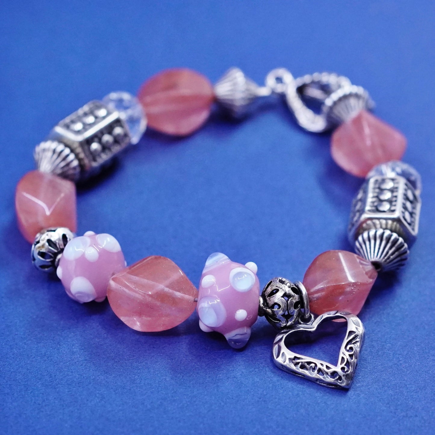 6.5”, sterling 925 silver handmade bracelet, nugget quartz filigree heart charm