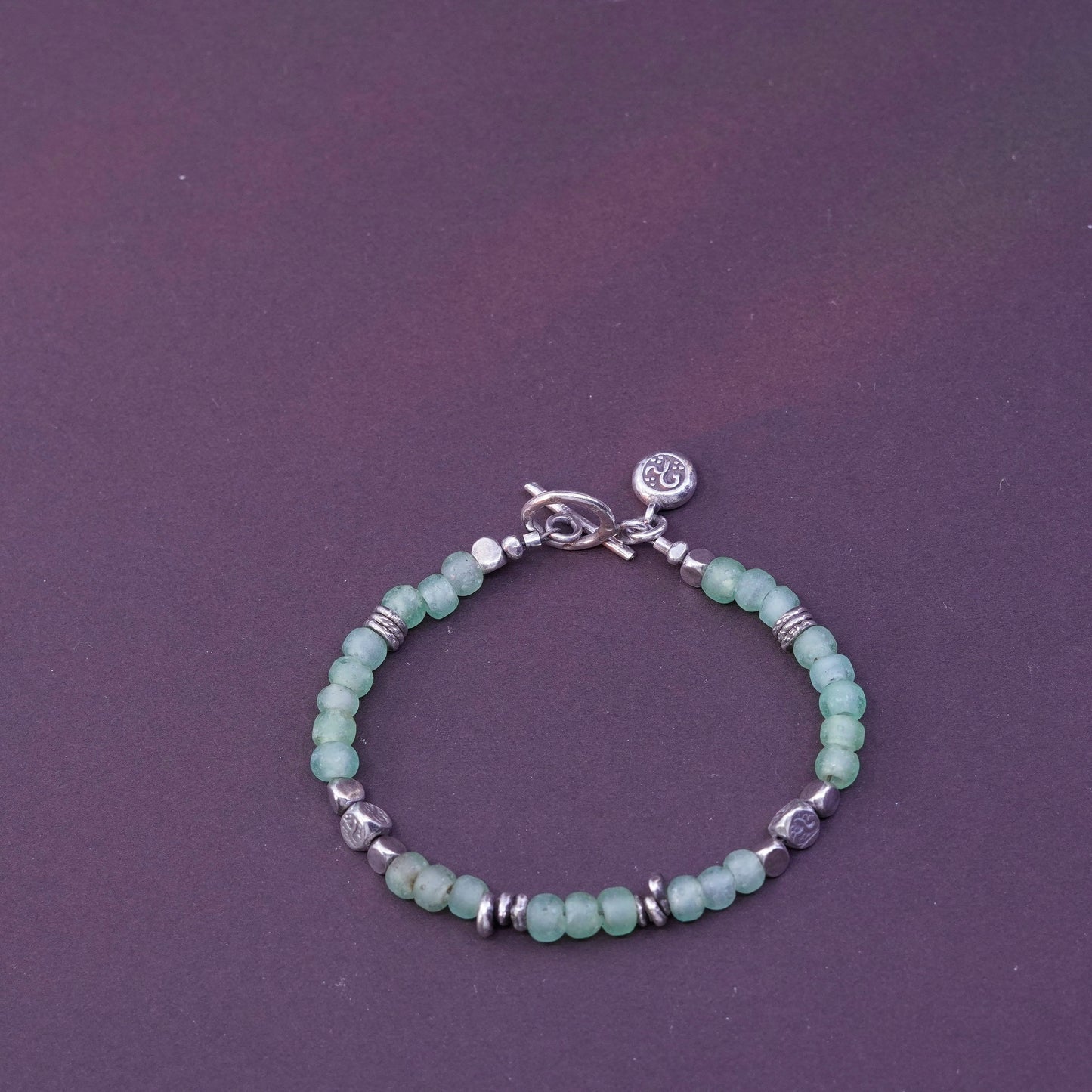 6.75”, Vintage Sterling silver handmade bracelet, 925 cube with jade bead