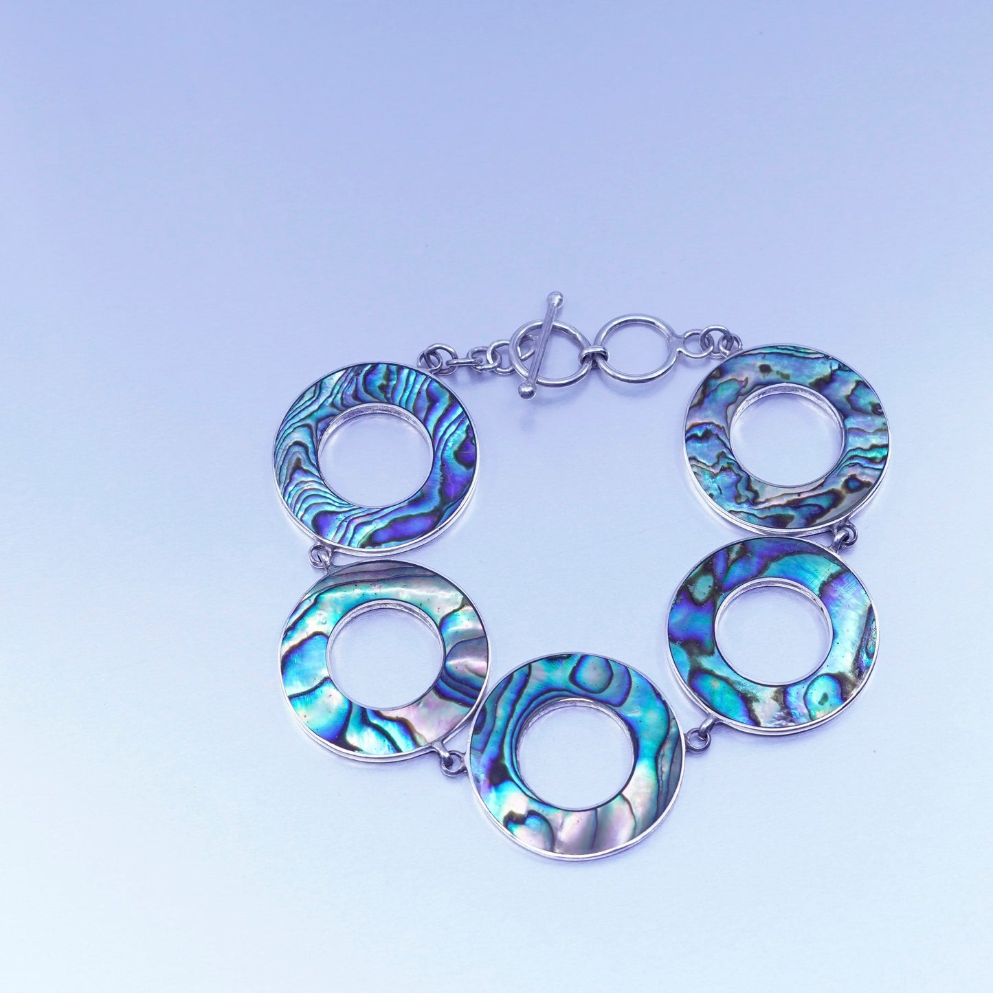 7.5”, Italy Sterling 925 silver handmade bracelet, modern abalone circle chain