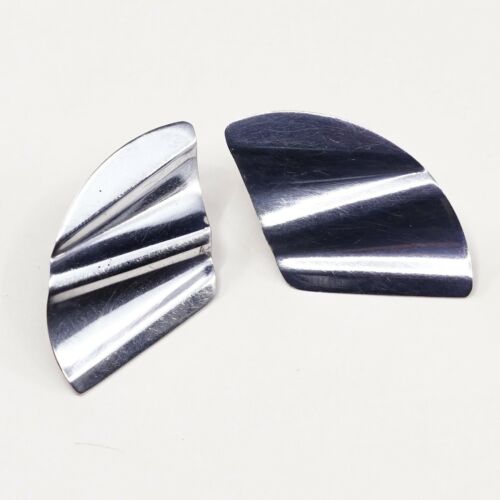 Vtg Sterling silver handmade Earrings, 925 Wrinkle Modern Studs, Stamped 925