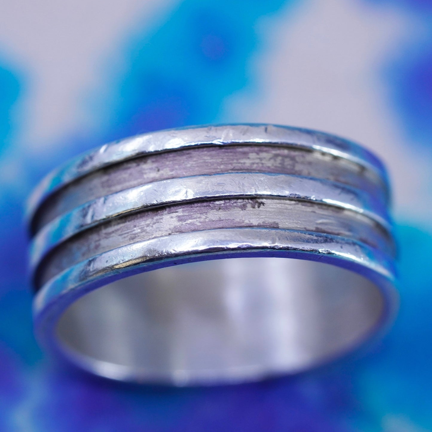 Size 7, vintage Sterling silver handmade ribbed ring, 925 statement band