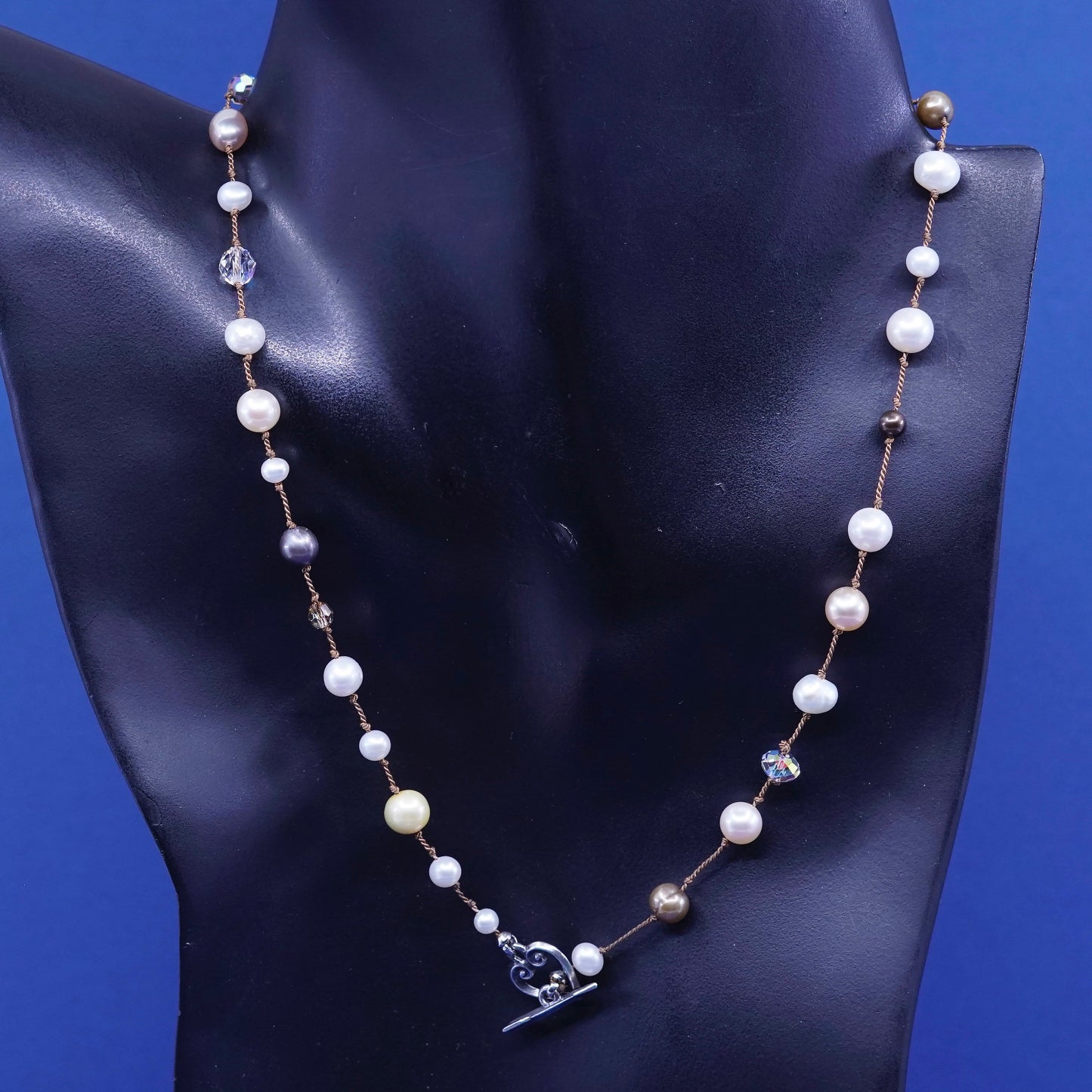 17”, Sterling silver Linen necklace, 925 heart clasp w/ pearl crystal beads