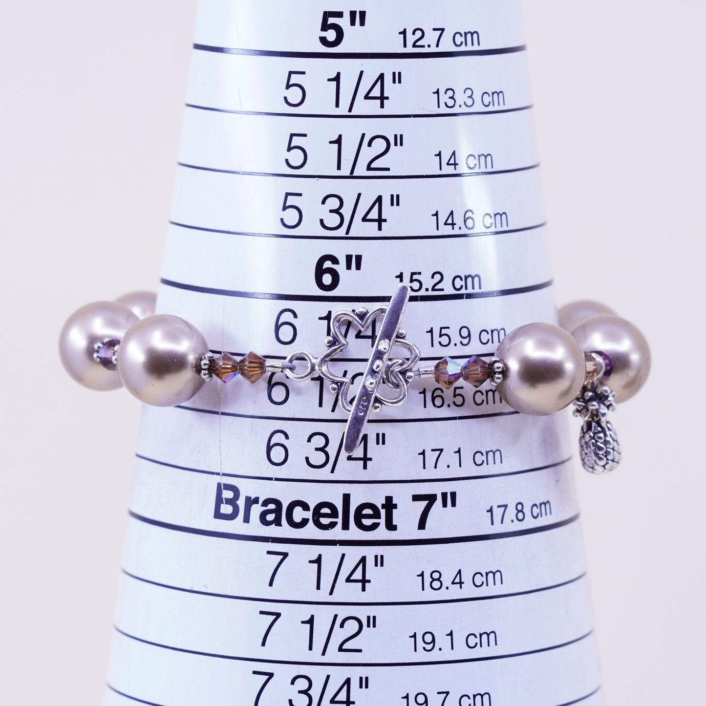 6.5”, handmade bracelet, faux pearl with 925 silver clasp and pineapple charm
