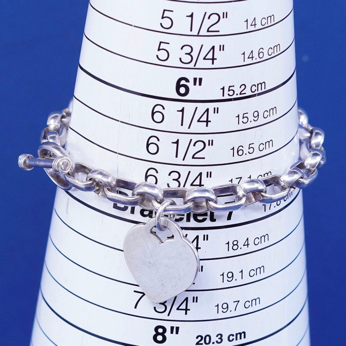 6.75", Sterling silver bracelet, 925 elongated chain w/ heart “MJA” monogram
