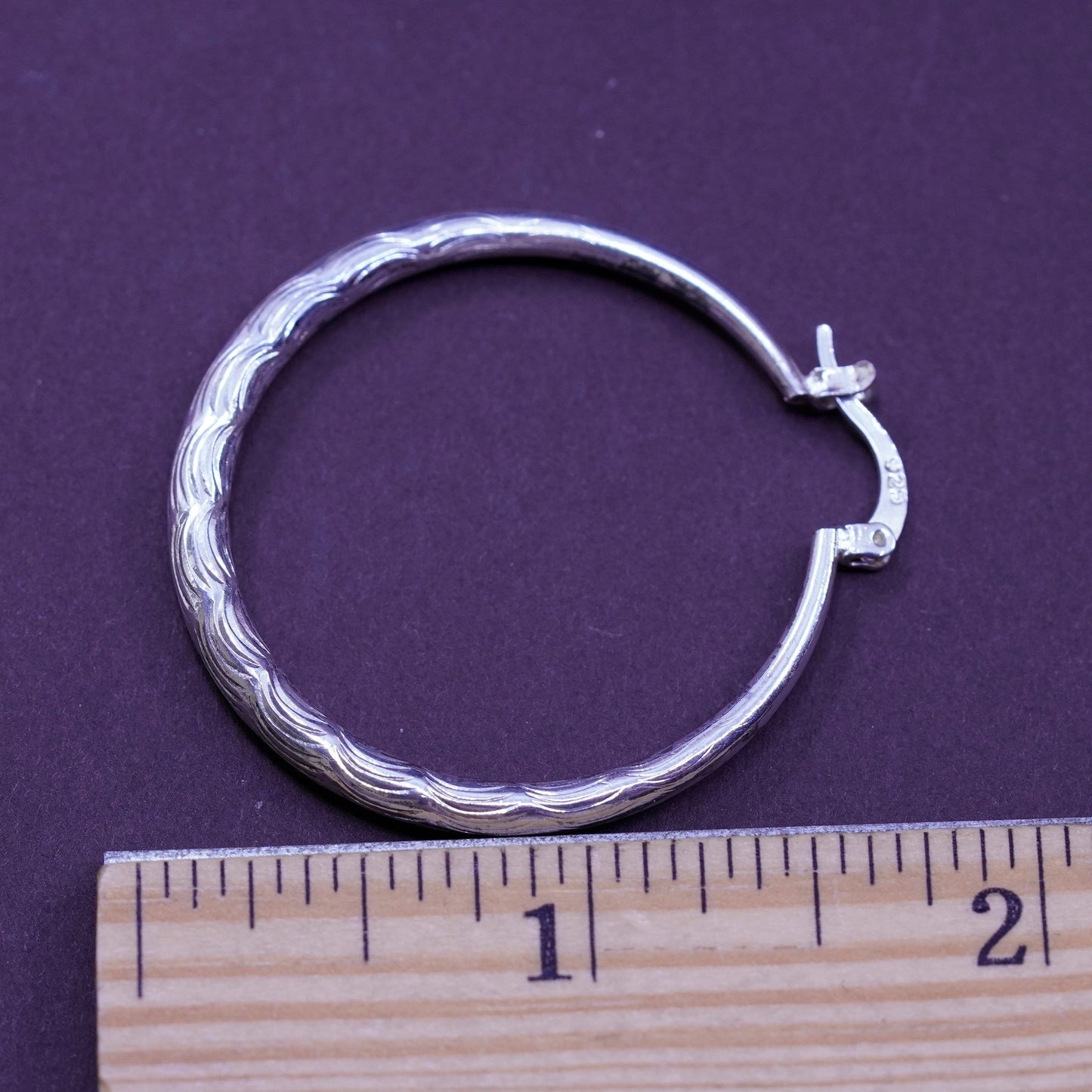 1.5”, vtg Italy Sterling silver handmade hoops, textured 925 huggie earrings