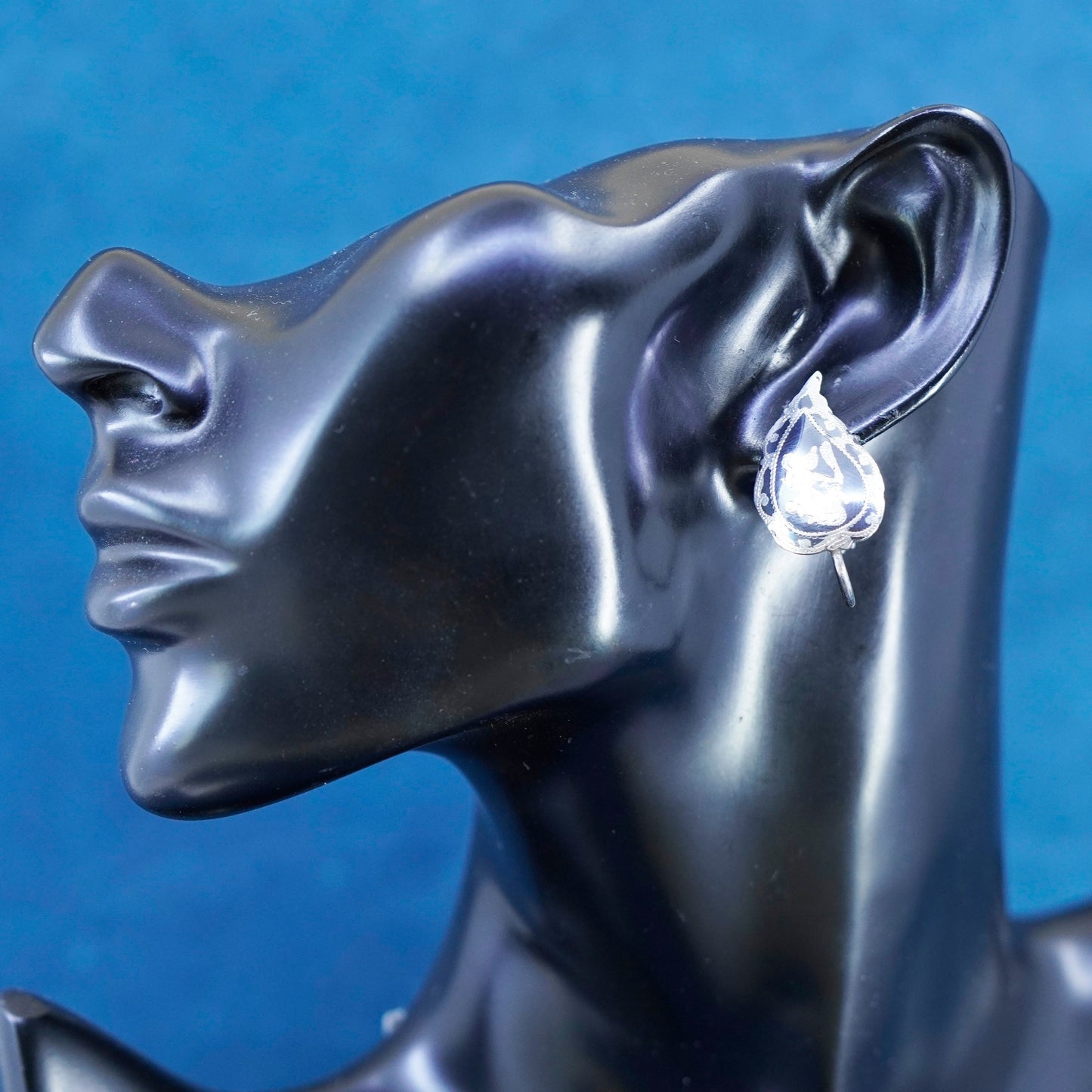 Vintage Sterling silver earrings, 925 screw back enamel Indian goddess teardrop