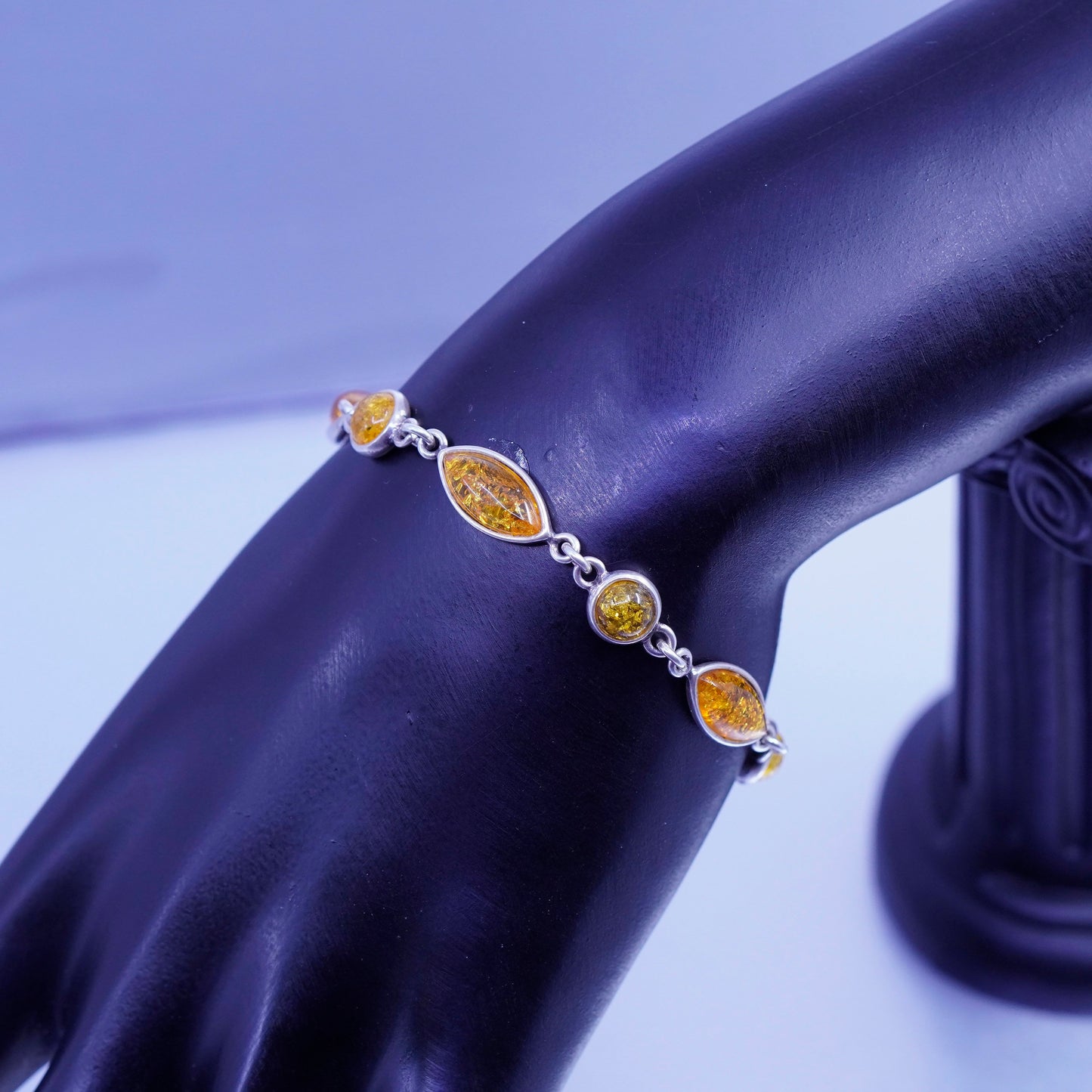 6.75”, Sterling 925 silver handmade tennis bracelet chain with marquise amber