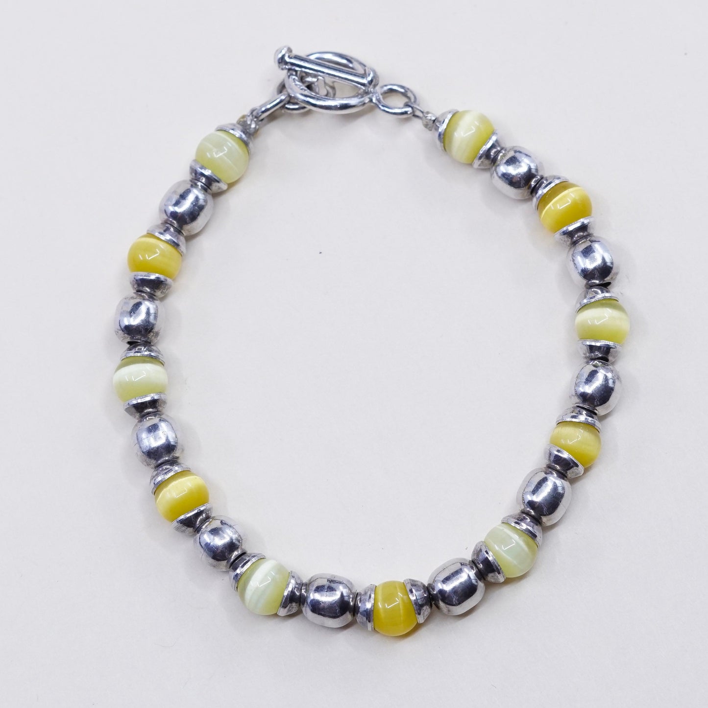 6.5”, vtg sterling 925 silver handmade bracelet, yellow tiger eye beads
