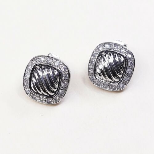 Vtg Fashionable Sterling Silver Handmade Earrings, 925 Studs W/ Cz Around