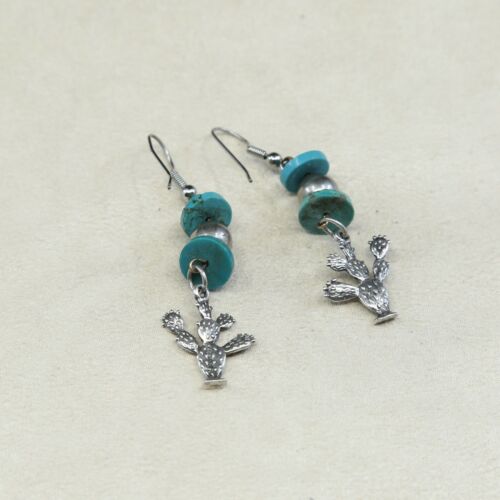 Vtg handmade Sterling 925 Silver earrings W/ Turquoise N Cactus Dangles