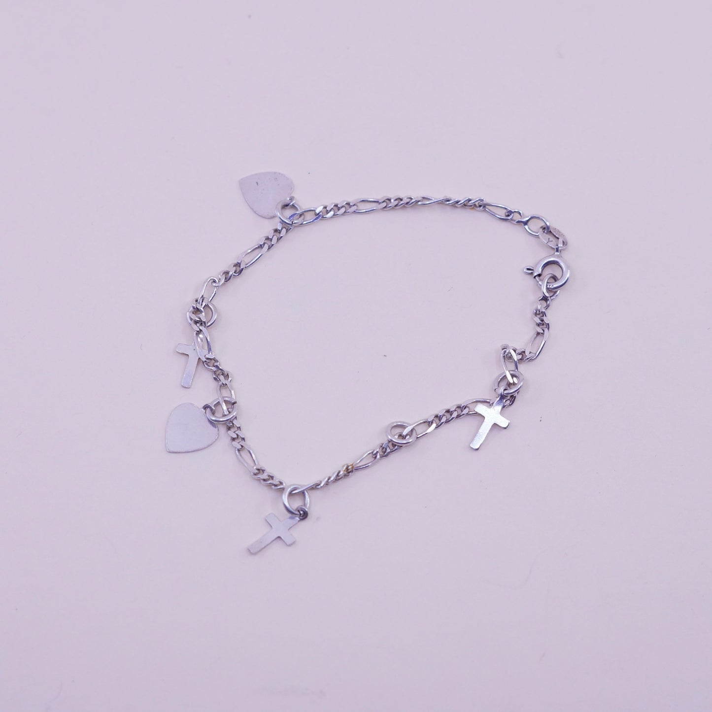 7”, Vintage sterling silver heart bracelet, 925 figaro chain heart cross charms