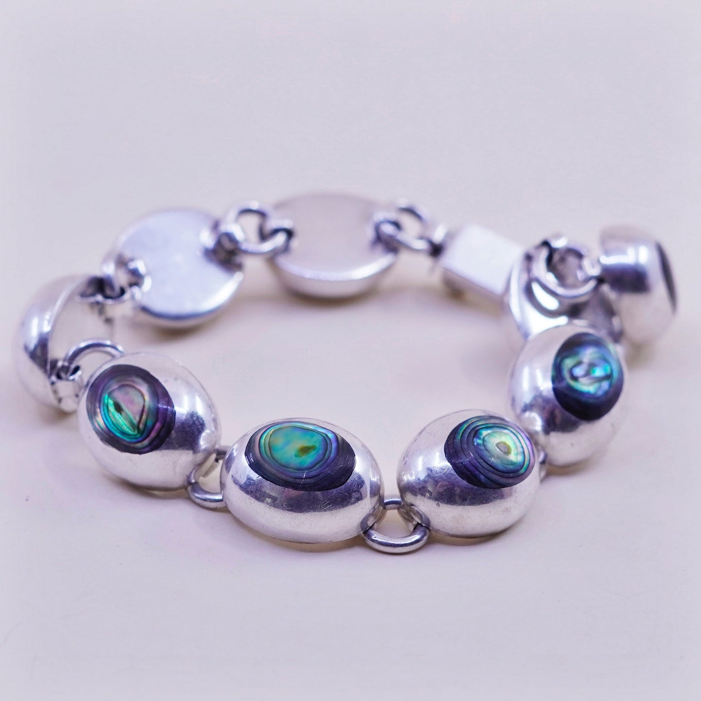 6.25”, vintage sterling 925 silver handmade bracelet with abalone