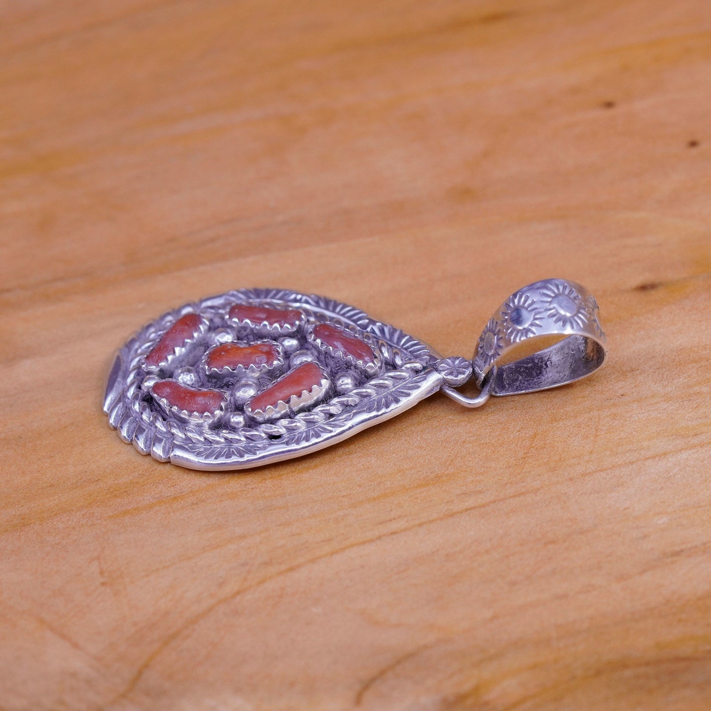 Native American sterling 925 silver teardrop pendent coral, southwestern Navajo