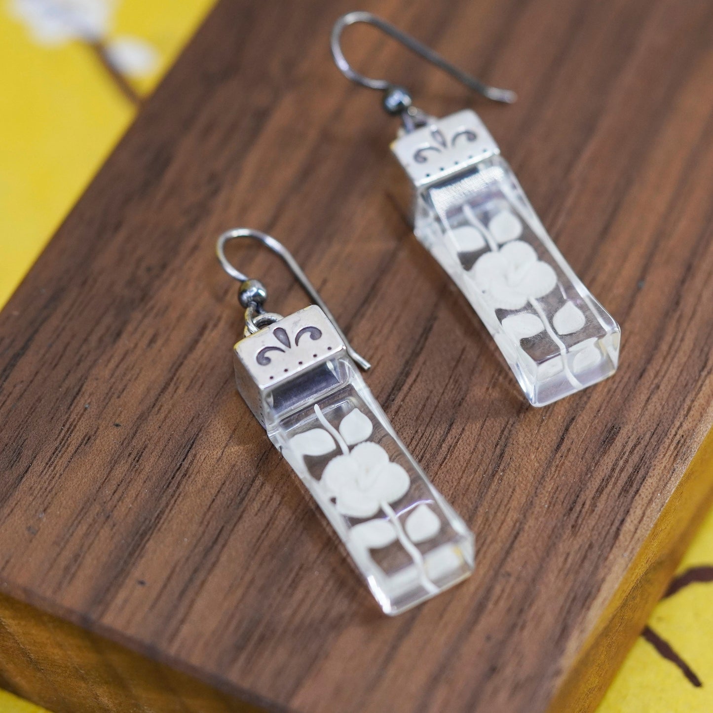 Vintage Sterling 925 silver handmade earrings with floral glass drops