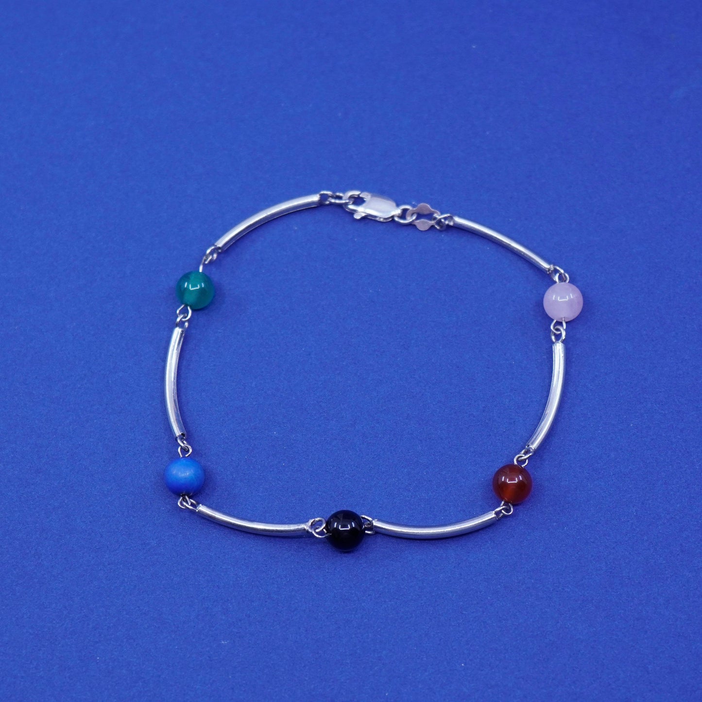 7.75”, Sterling silver bracelet, 925 bar w/ carnelian jade obsidian beads