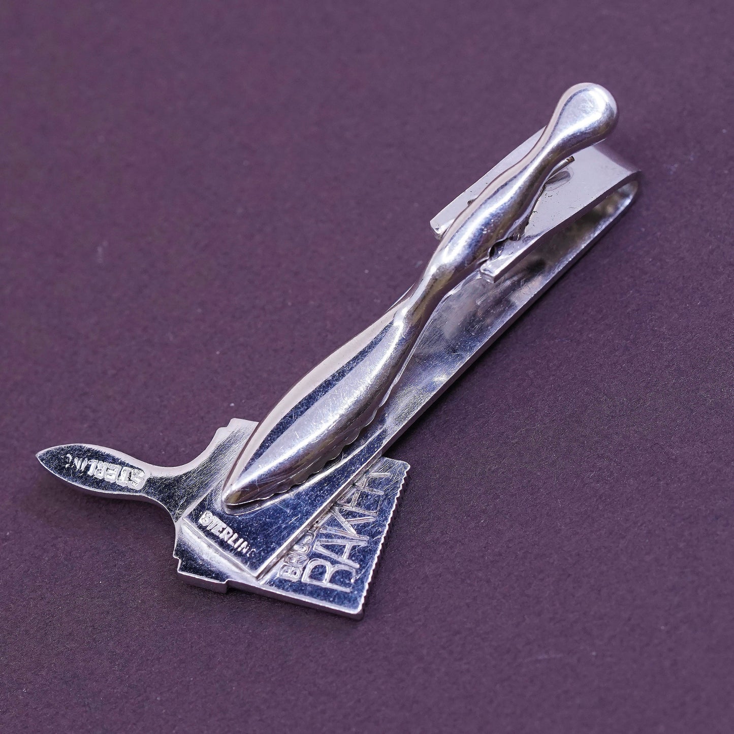 Vintage Baker sterling silver handmade tie clip, solid 925 silver tie clip with painting brush, stamped Sterling Baker