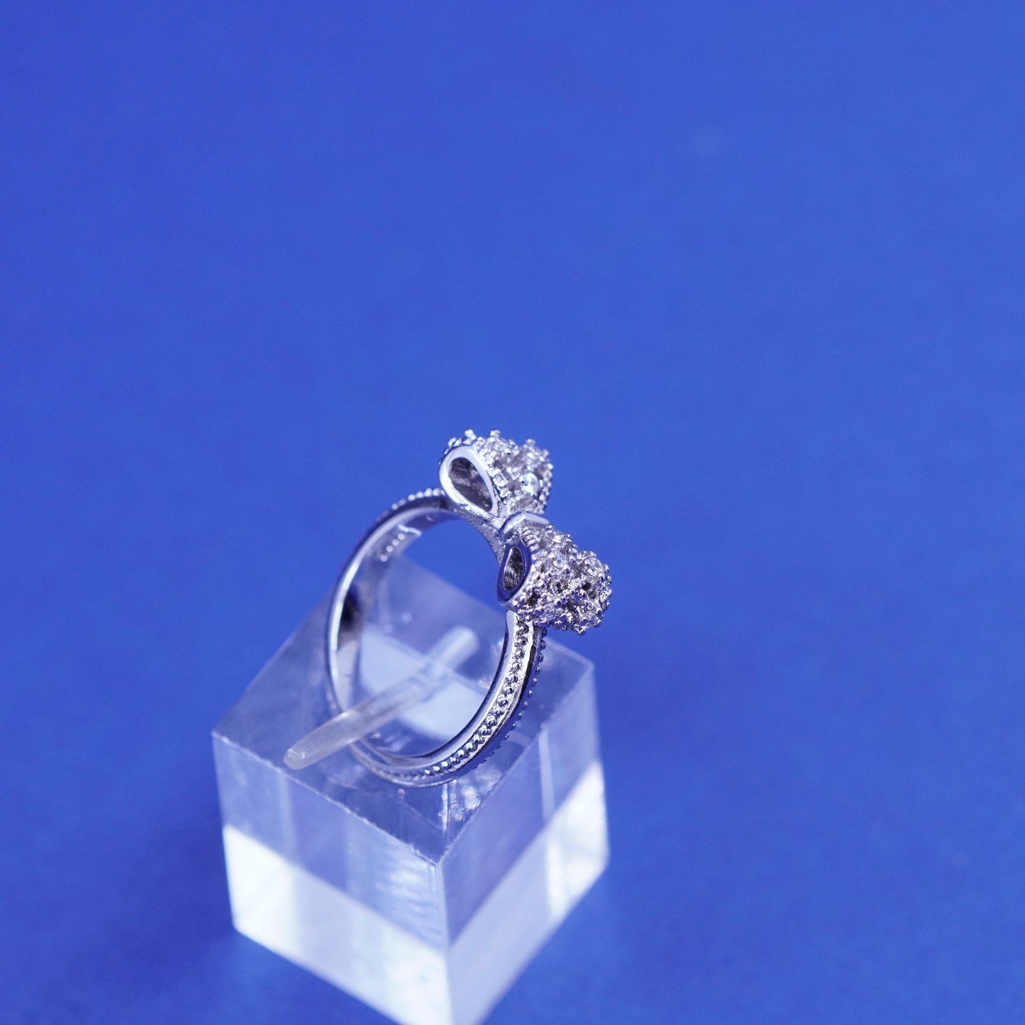 Size 5, vintage Sterling silver handmade ring, 925 bow tie ribbon ring with cz