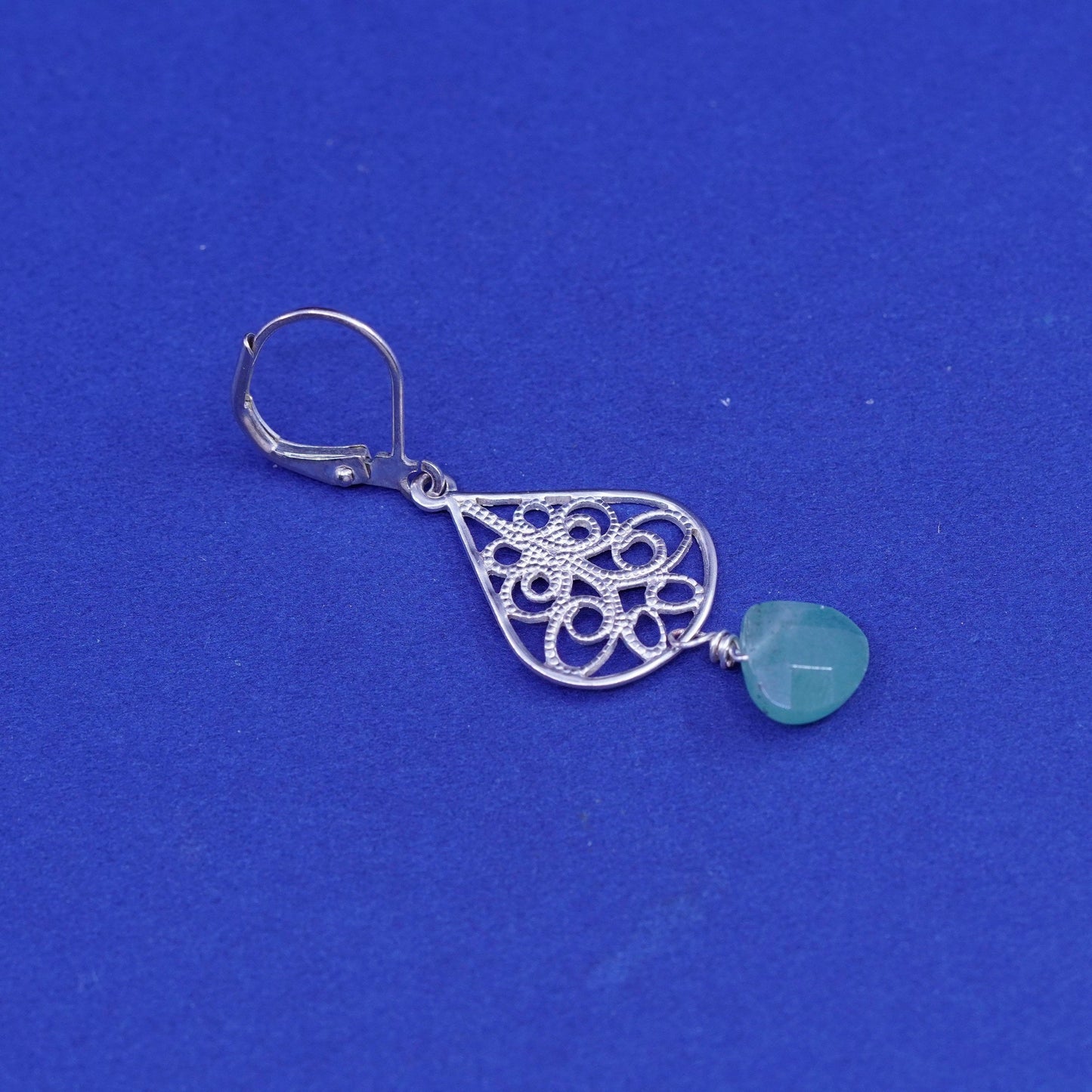 Vintage sterling 925 silver handmade filigree earrings with teardrop jade