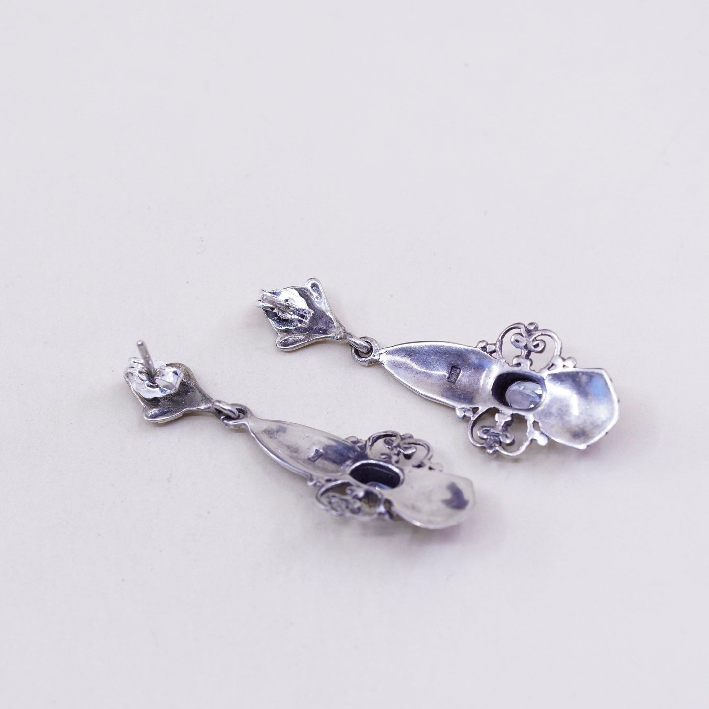 sterling silver handmade earrings, 925 beads dangles with oval blue topaz drops