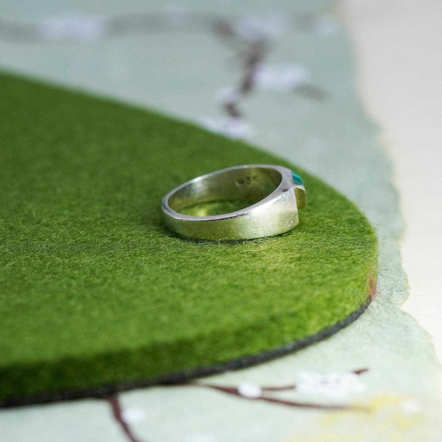 Size 8, Sterling silver handmade ring, antique 925 stackable band w/ malachite