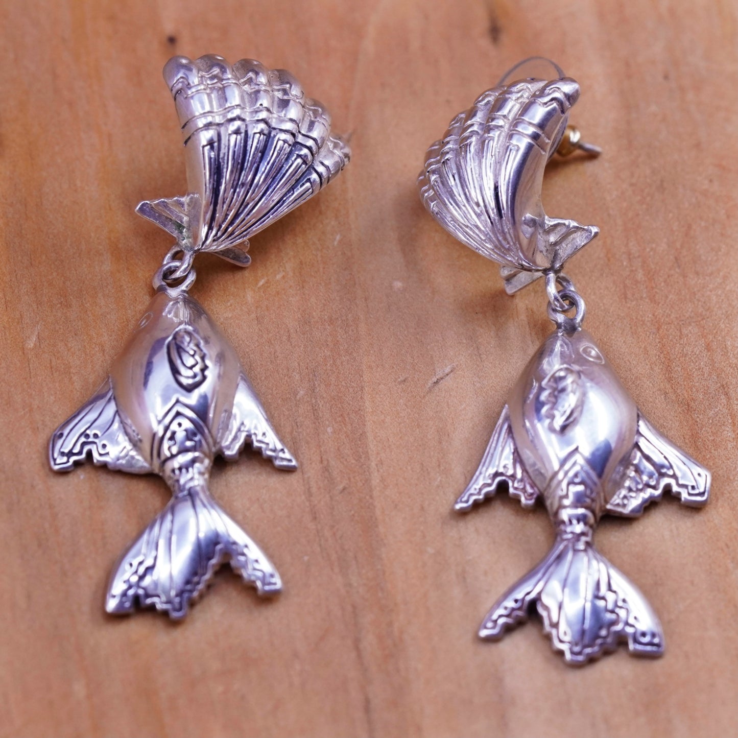 Vintage sterling silver handmade earrings, 925 shell studs with fish drops