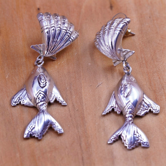 Vintage sterling silver handmade earrings, 925 shell studs with fish drops