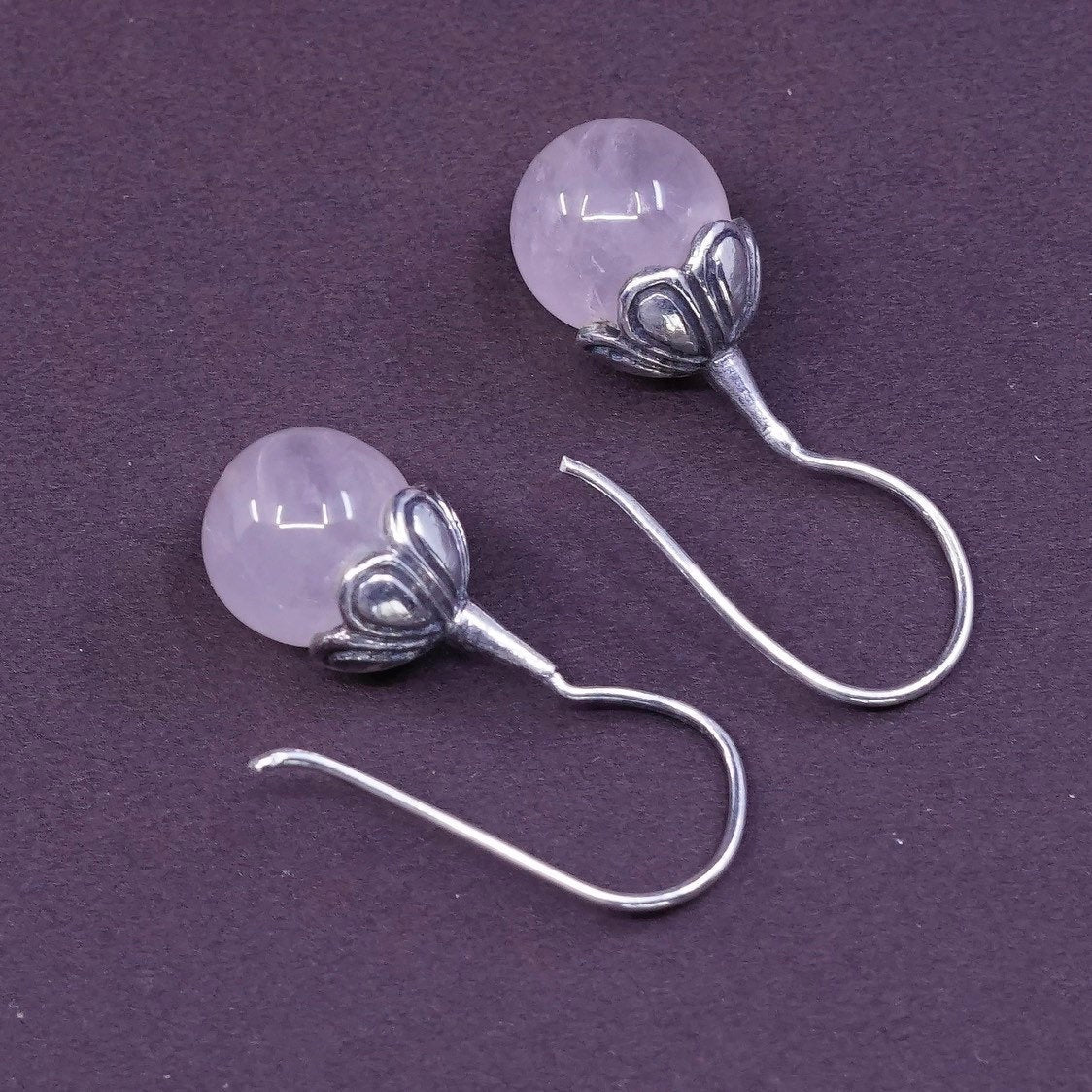 Sterling silver handmade earrings, Mexico 925 flower bud hooks w/ pink quartz