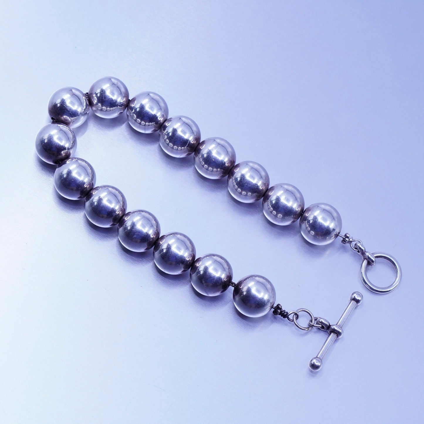 7.5”, 13mm, vintage Mexico Sterling 925 silver handmade bold bead bracelet