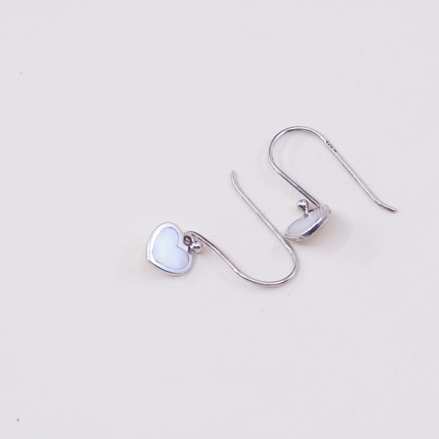 Vintage sterling 925 silver handmade earrings with heart white Mother of pearl