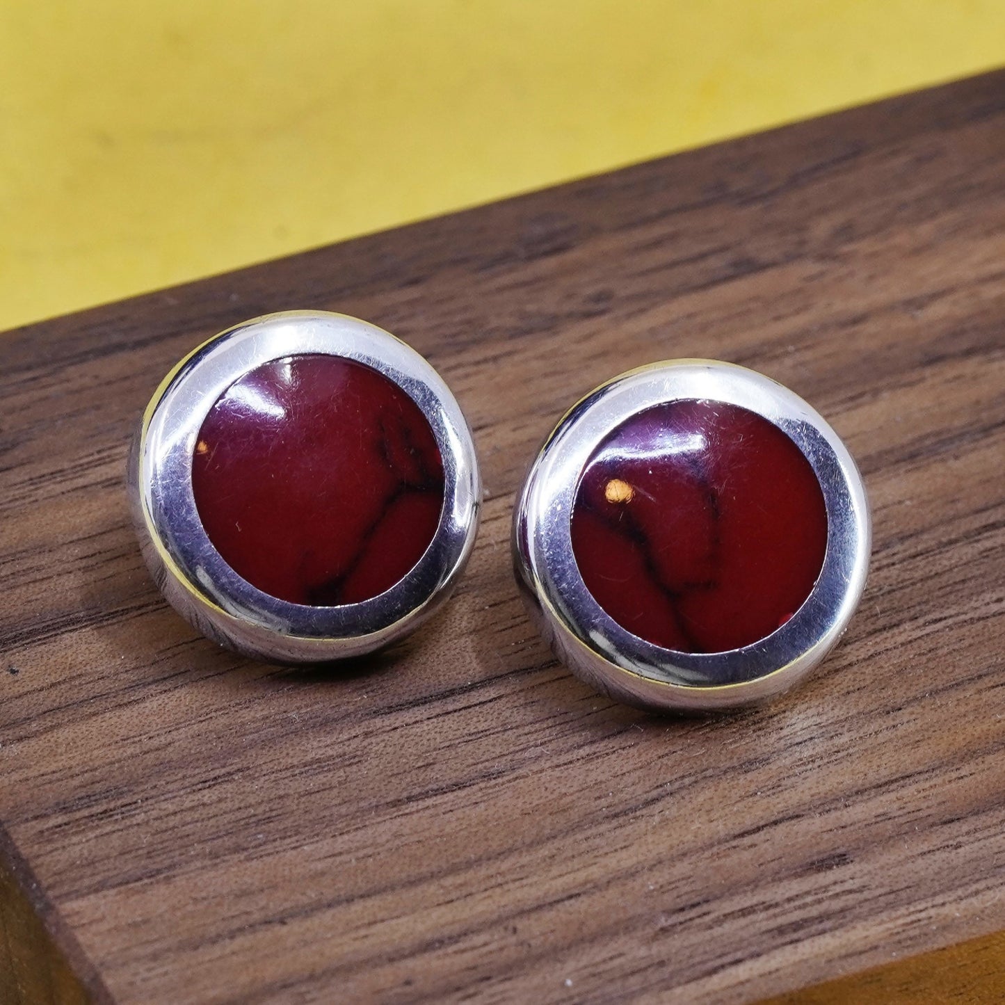 Vintage Mexico Sterling silver handmade earrings, 925 circle studs red jasper