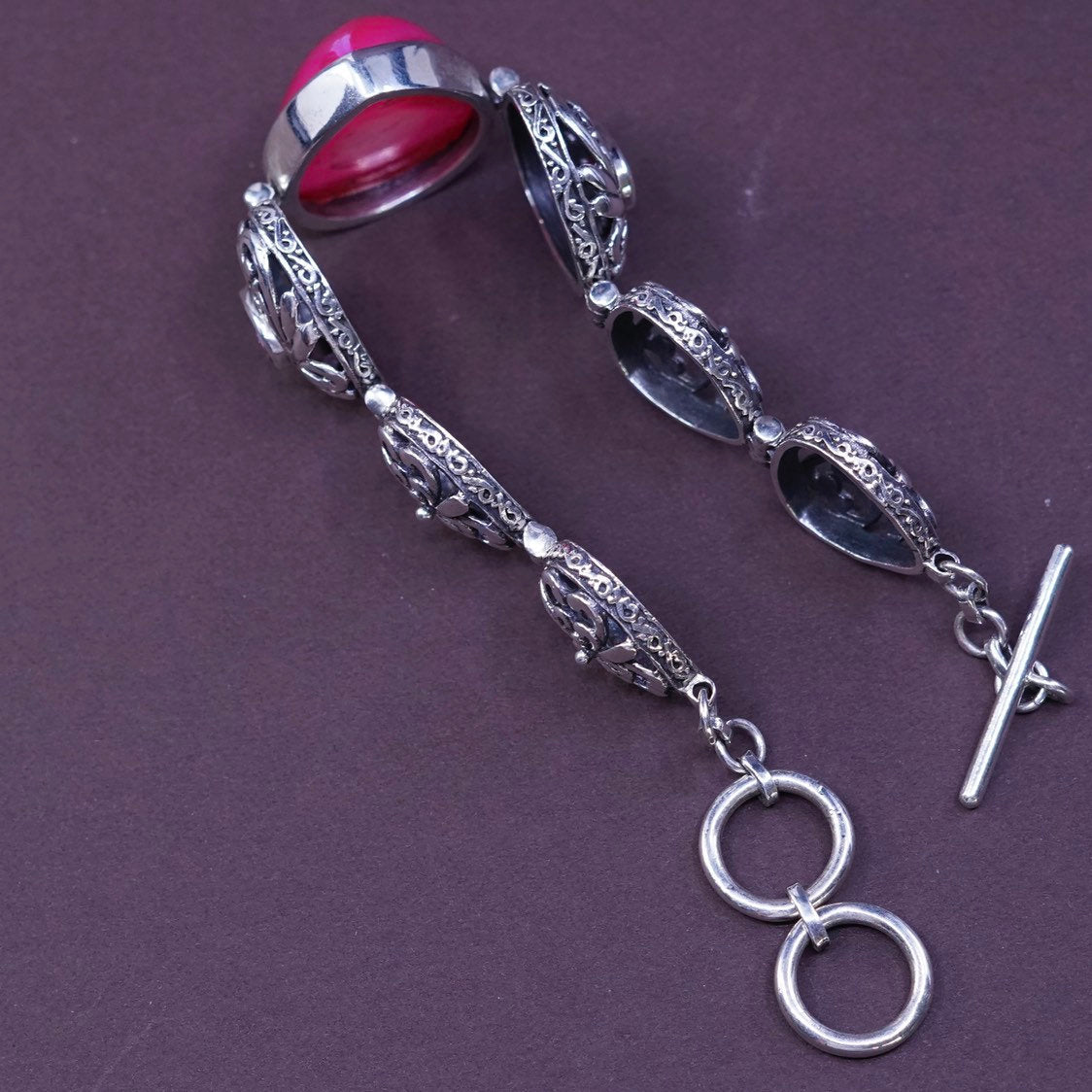 6.5"+0.5”, Sterling silver handmade bracelet, 925 w/ pink druzy stone n ruby