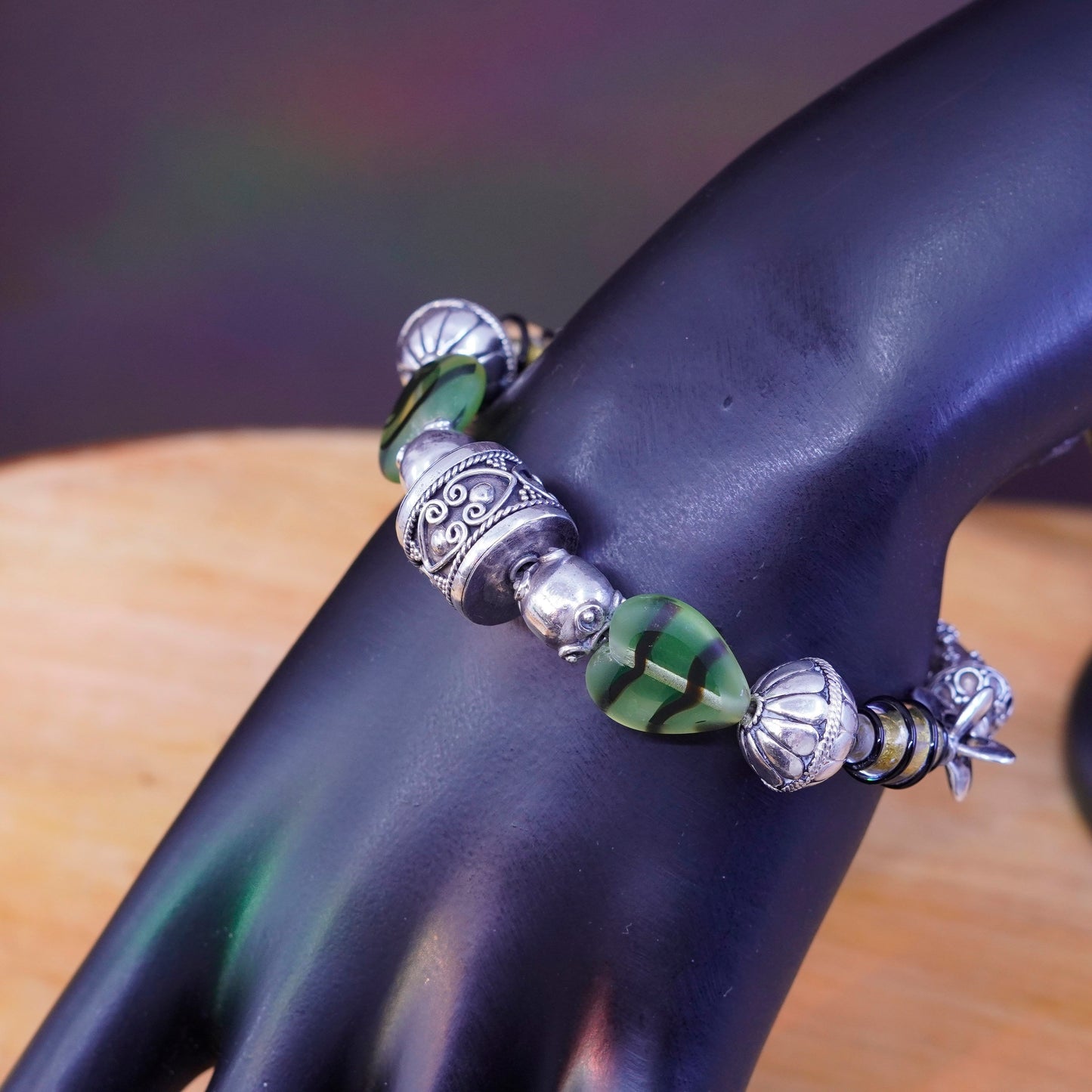 6.25”, sterling silver handmade bracelet, heart glass bracelet w/ 925 bail bead