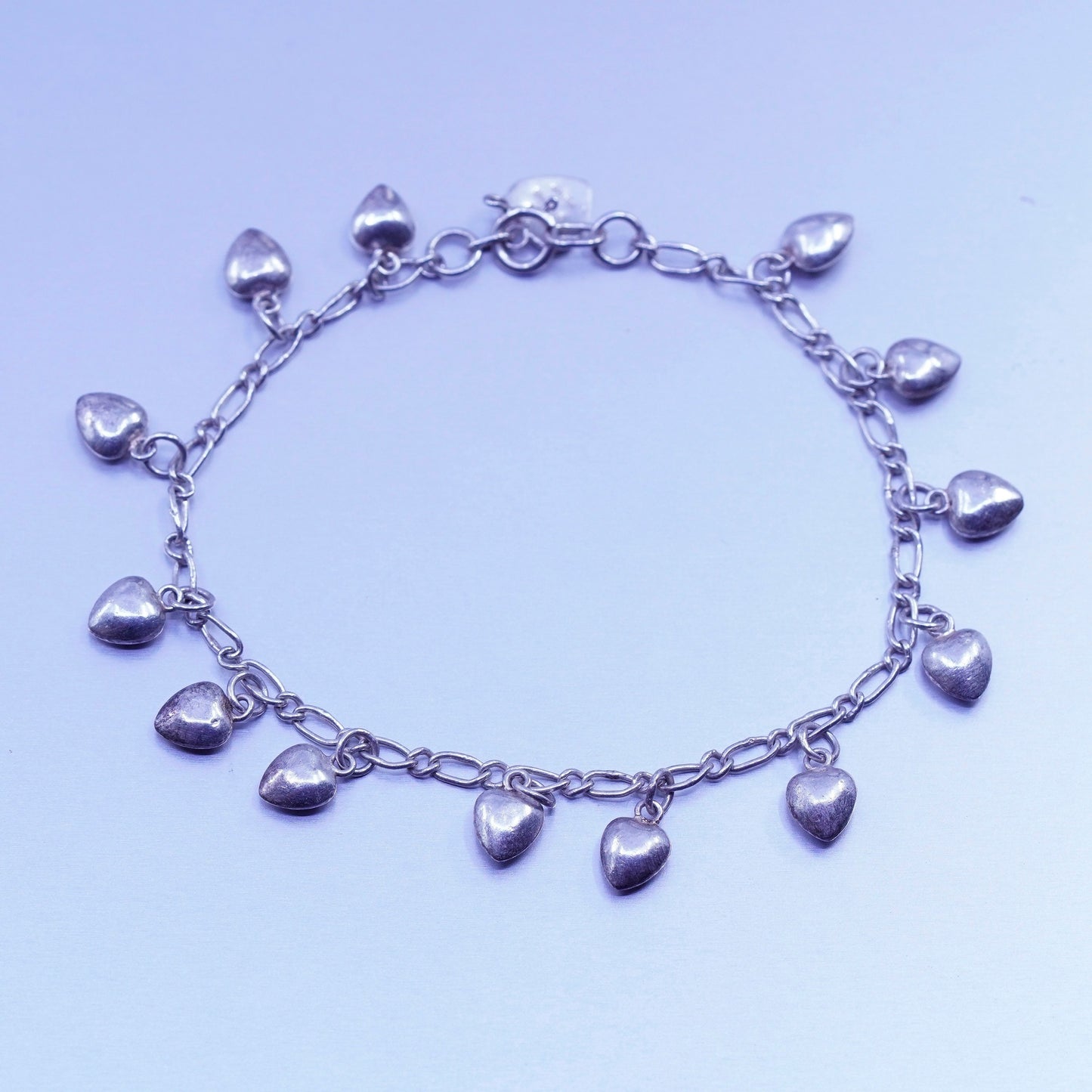 7.25”, vintage Sterling 925 silver handmade bracelet, figaro chain heart charms