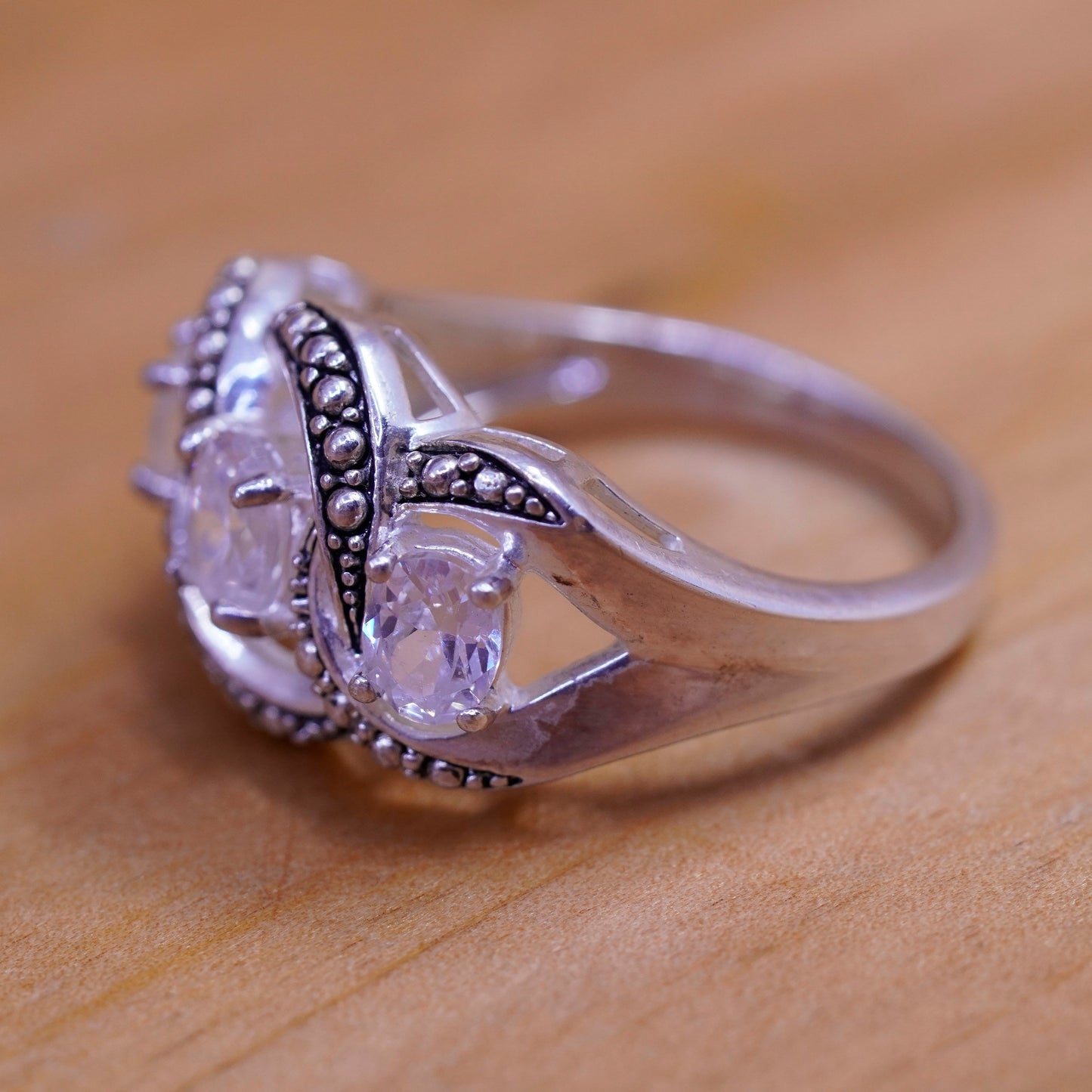 Size 8, vintage Sterling 925 silver engagement ring with cz and beads
