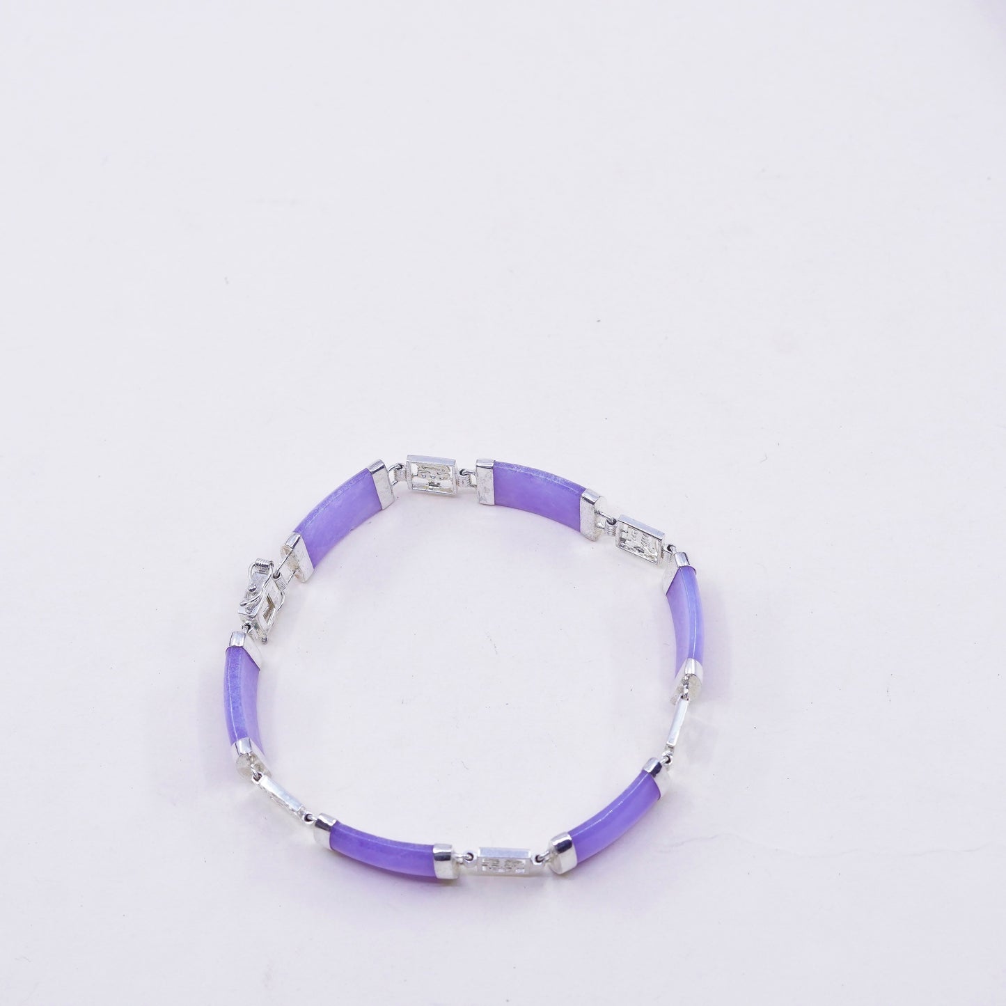 7.25”, vtg sterling 925 silver handmade bracelet purple jade Chinese characters